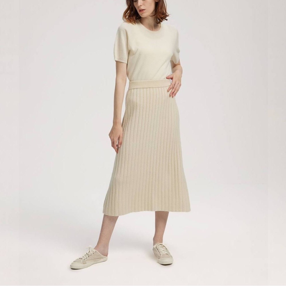 NWT Gentle Herd 100% Cashmere Ivory Long Rib Knit Midi Skirt